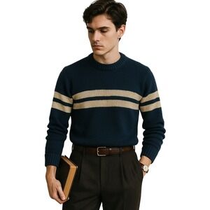 ABERCROMBIE & FITCH VINTAGE lambswool varsity stripe‎ crewneck sweater navy XL